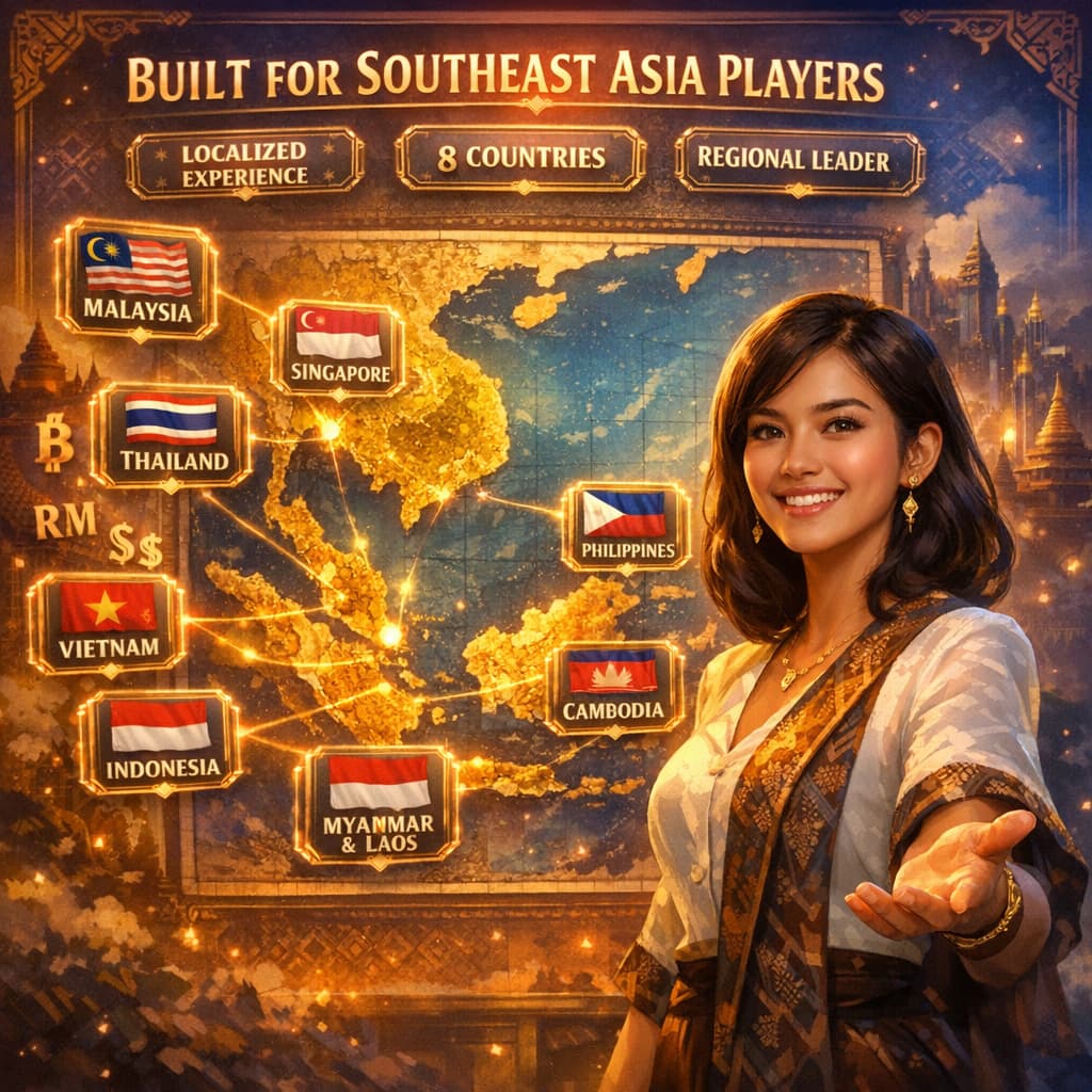 Welcoming Southeast Asian woman standing before illuminated map of Southeast Asia with eight floating country badges displaying flags and names in English for Malaysia, Singapore, Thailand, Philippines, Vietnam, Cambodia, Indonesia, Myanmar and Laos, connected by golden lines against tropical sunset gradient background.