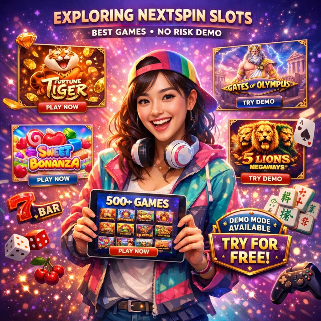 Enthusiastic young woman holding a tablet displaying "500+ games" in English, surrounded by game images of Fortune Tiger, Sweet Bonanza, Gates of Olympus, 5 Lions Megaways, and Mahjong Ways, with English labels "Demo Mode Available" and "Try For Free" against a colorful gradient background from purple to pink and cyan.