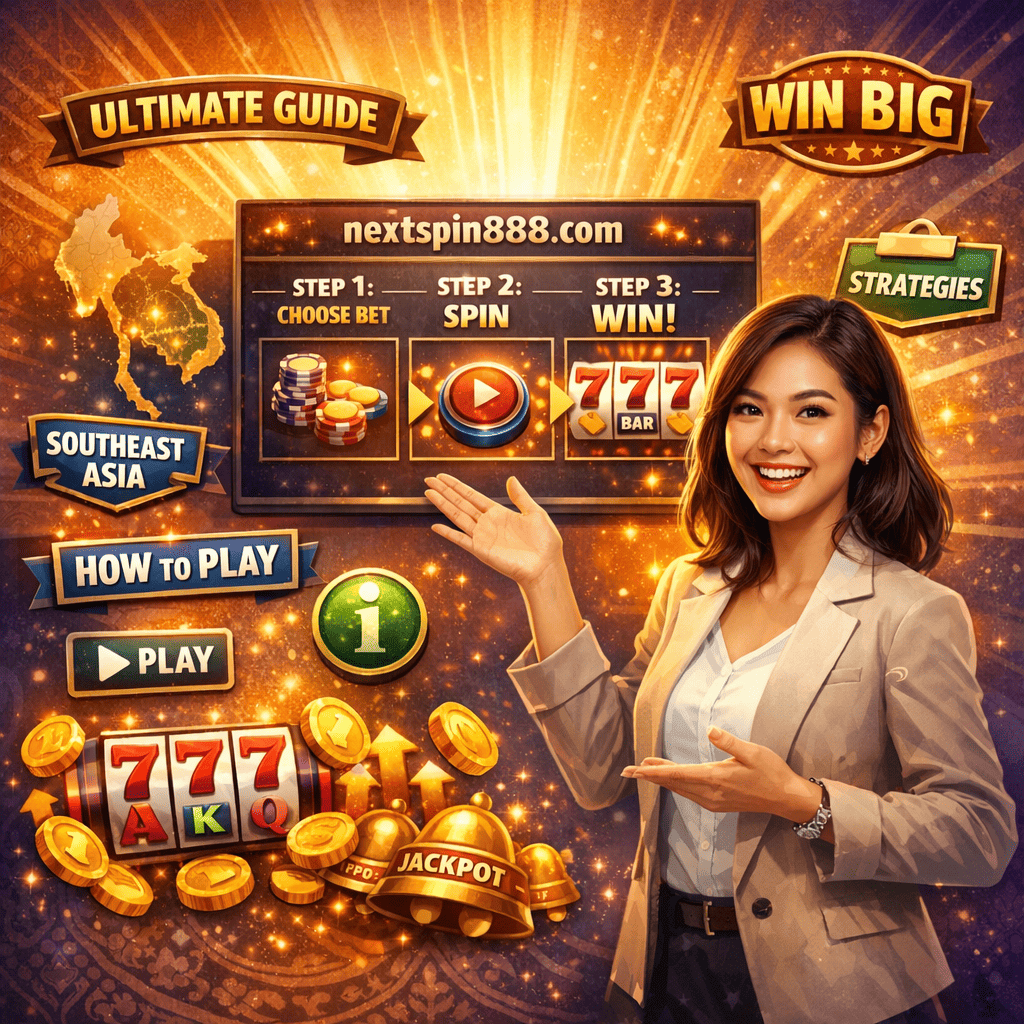 Enthusiastic Southeast Asian woman gesturing toward glowing nextspin888.com tutorial screen showing step-by-step slot playing guide in English, surrounded by floating winning symbols, strategy icons, and Southeast Asia map with golden coins against vibrant orange to purple gradient background