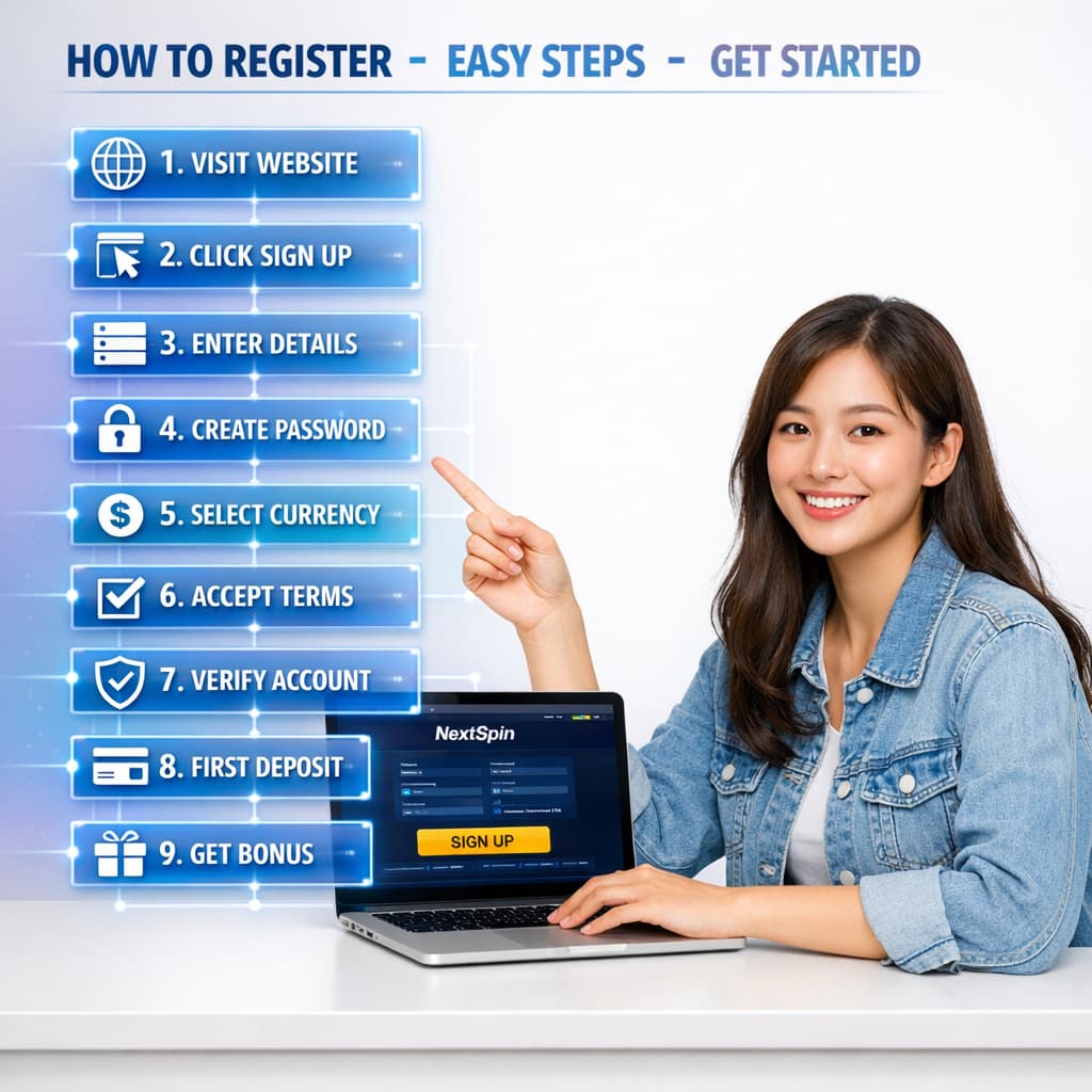 Helpful Asian woman at desk with laptop showing NextSpin sign-up page, pointing to vertical flowchart of 9 registration steps with numbered icons and English labels from visit website to get bonus against clean blue gradient background