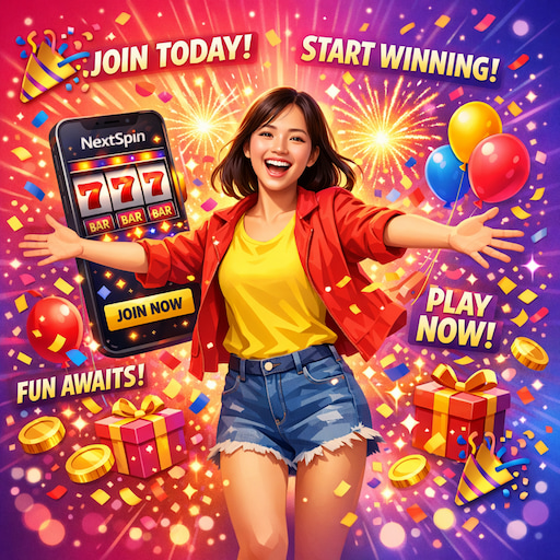 Joyful Asian woman with open welcoming arms holding smartphone showing NextSpin app, surrounded by exploding confetti, colorful balloons, golden coins, and celebratory "join today" text in English against vibrant pink to cyan gradient party background