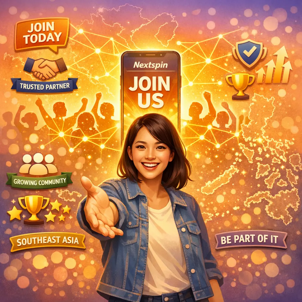 Welcoming Southeast Asian woman extending hand in invitation gesture with smartphone showing Nextspin join page, surrounded by glowing community silhouettes, handshake icons, trust badges in English, and Southeast Asia map connections against warm orange to purple gradient background