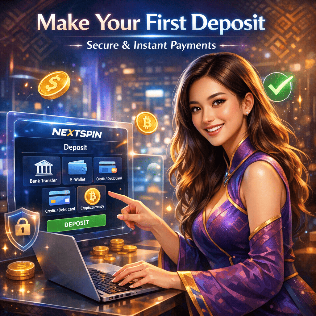 A square-format digital illustration of a woman making her first deposit on the Nextspin platform, showing a secure cashier interface with multiple payment options, glowing icons, and a modern futuristic design.