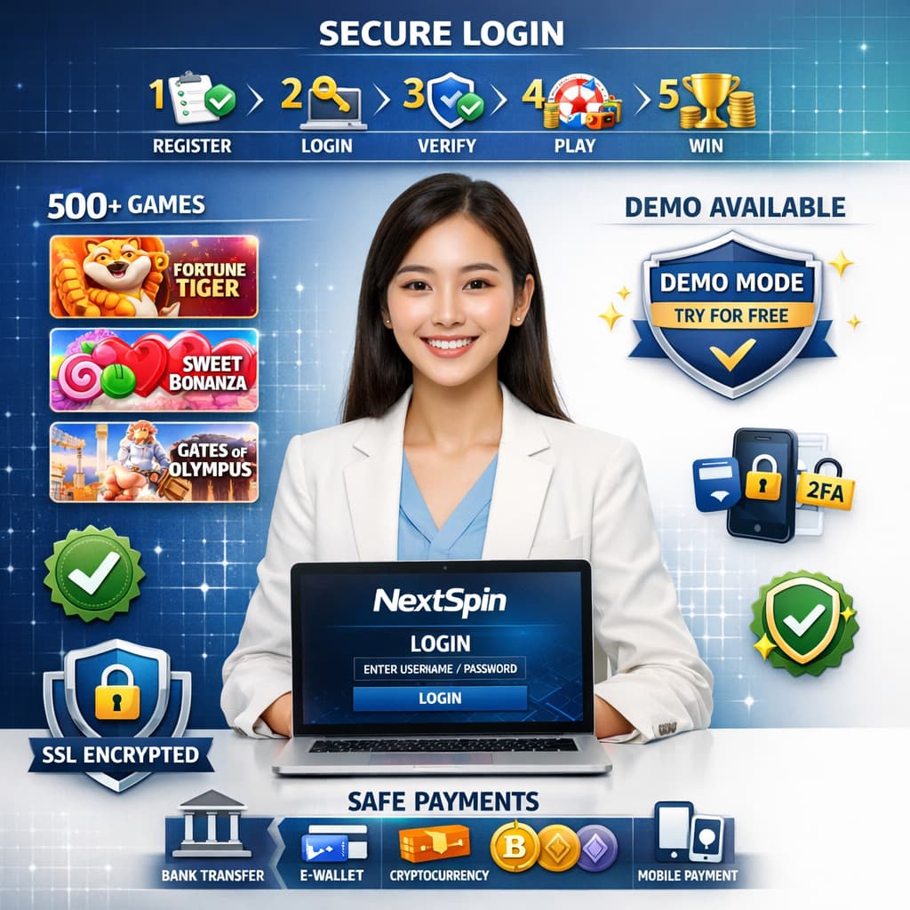 Professional Asian woman with laptop showing NextSpin login screen, surrounded by organized sections displaying numbered login steps, game thumbnails with English titles, demo mode badge, payment method icons including banks and crypto, and SSL security shield against blue to white gradient background