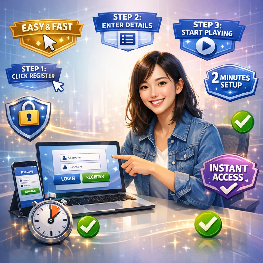 Friendly Asian woman at desk pointing to laptop screen showing NextSpin login and registration interface with clear buttons in English, surrounded by floating step indicators, "easy & fast" badges, security shield, and smartphone display against clean blue gradient background.