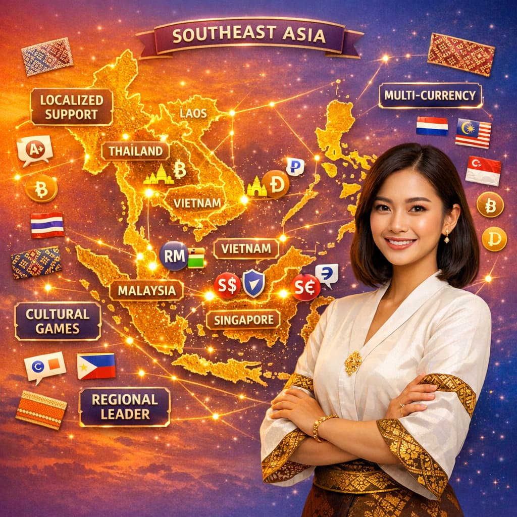 Confident Southeast Asian woman standing before illuminated map of Southeast Asia with each country labeled in English and featuring localized icons for currencies, payments, and cultural elements, connected by golden lines against tropical sunset gradient background