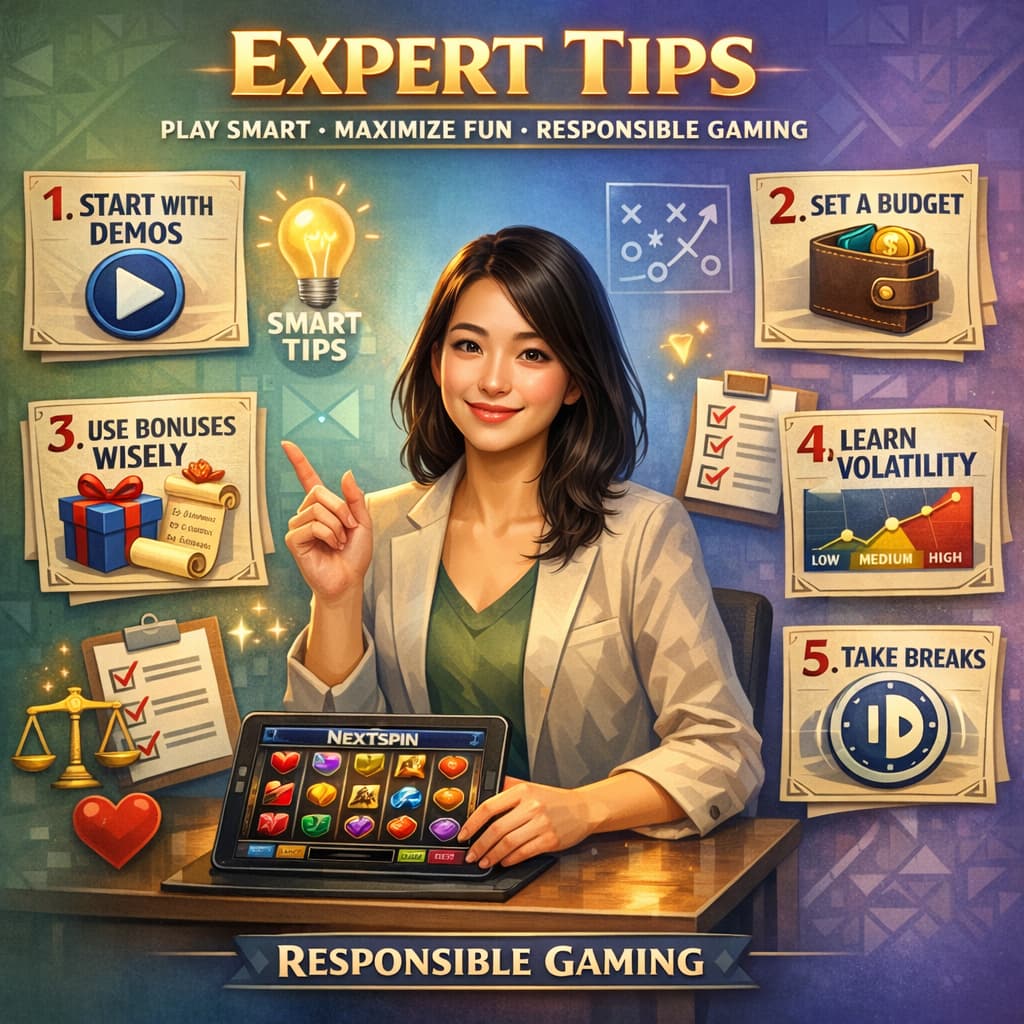 Advisory Asian woman at desk with tablet showing NextSpin slots, gesturing toward five floating numbered tip cards in English covering demos, budgets, bonuses, volatility, and breaks, with strategic icons against calming green to purple gradient background