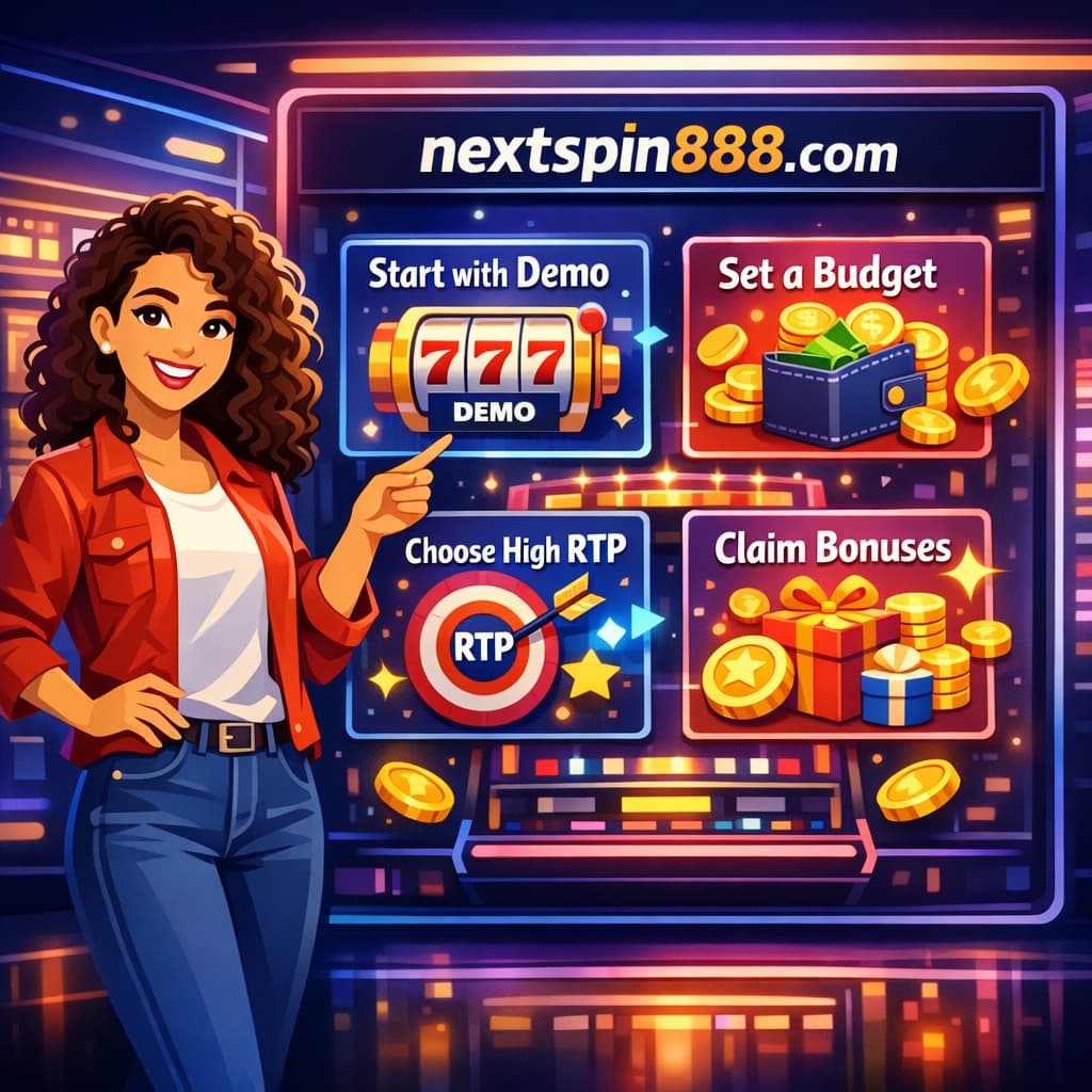 A smiling female presenter points to a digital casino screen displaying the website nextspin888.com and slot gaming tips such as starting with a demo, setting a budget, choosing high RTP games, and claiming bonuses, with slot machines and glowing casino icons in the background.