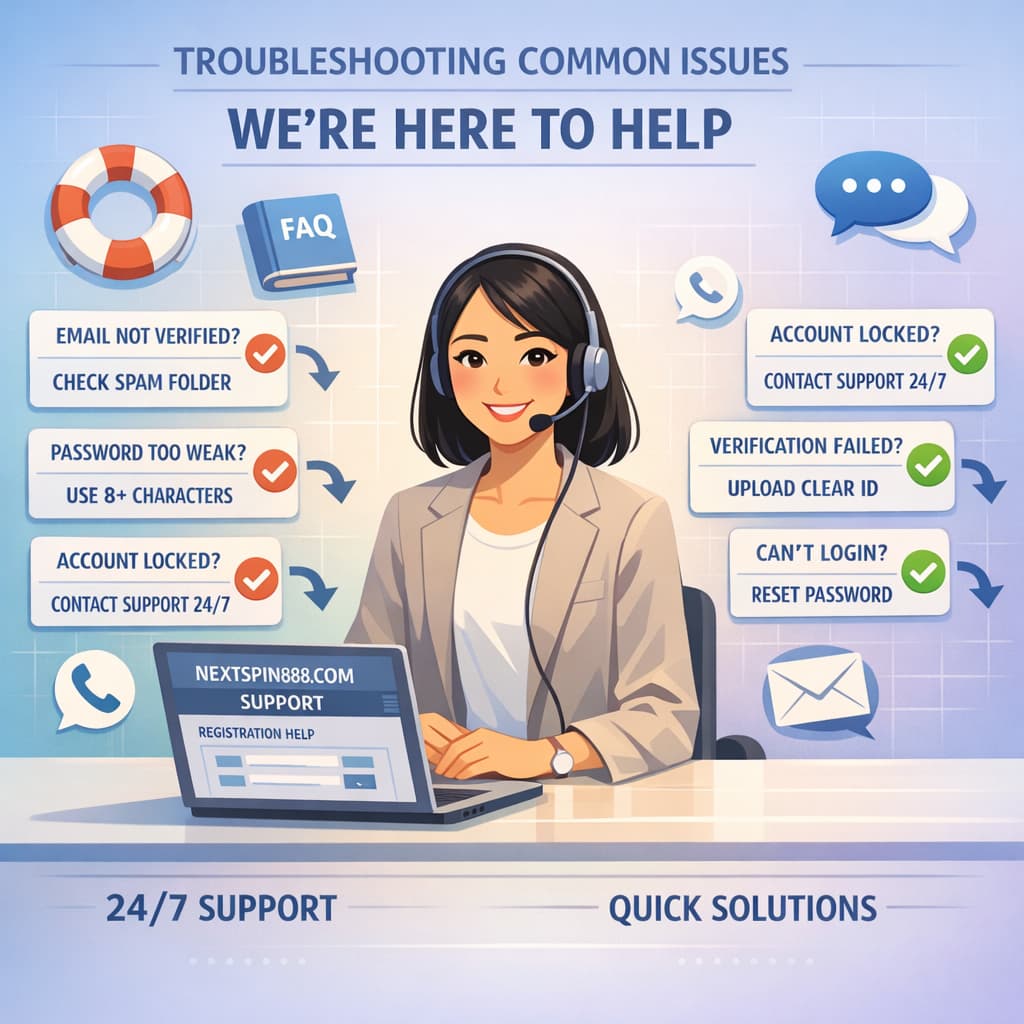Friendly Asian woman wearing headset at help desk with laptop showing NEXTSPIN888.COM support page, surrounded by floating problem-solution cards in English addressing common registration issues like email verification, password strength, and account access, with 24/7 support badges against calm blue gradient background.