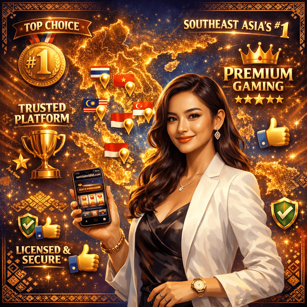 Confident Southeast Asian woman holding smartphone displaying nextspin888.com, standing before illuminated Southeast Asia map with country flags, surrounded by floating gold trophies, five-star ratings, and "top choice" badges in English against royal blue to gold gradient background