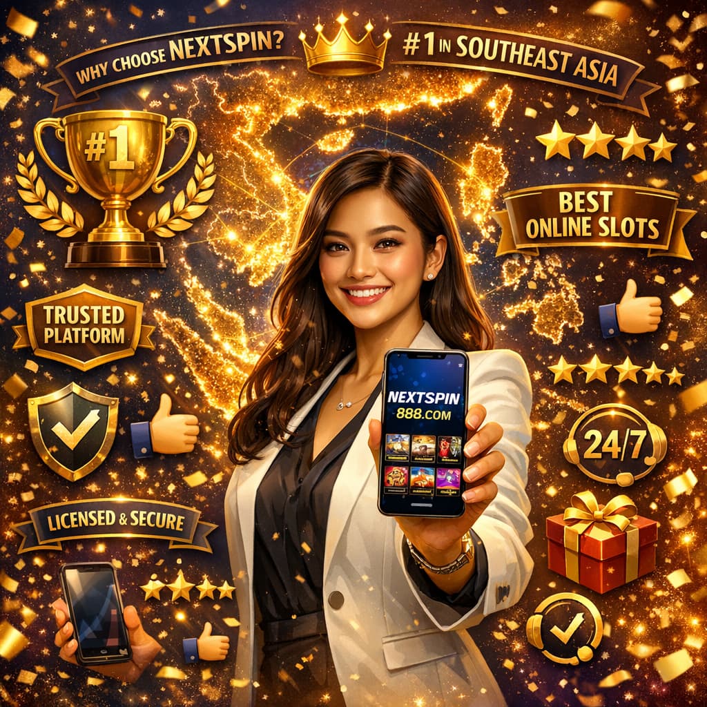 Confident Southeast Asian woman holding smartphone displaying nextspin888.com, standing before illuminated Southeast Asia map, surrounded by floating gold trophies, five-star ratings, crown, and English text badges reading "why choose NextSpin" and "#1 in Southeast Asia" against royal blue to gold gradient background.