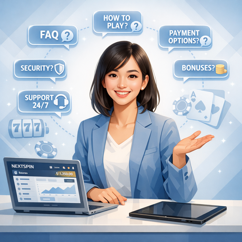 Friendly Asian woman at desk with laptop surrounded by floating FAQ question marks and information bubbles displaying gaming-related queries in English, set against clean blue and white professional background