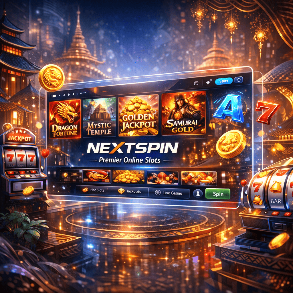 A square-format digital illustration of Nextspin showing glowing online slot machines in a futuristic casino interface with neon lighting and a premium, modern design inspired by Southeast Asia.