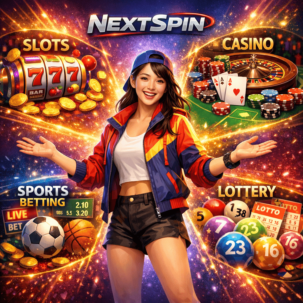 Enthusiastic Asian woman presenting four gaming categories - slots, casino, sports betting, and lottery - displayed in quadrants around her with colorful game elements and English labels against vibrant purple and blue gradient background