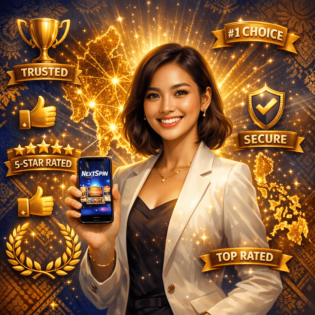 Confident Southeast Asian woman holding glowing smartphone with NextSpin app, surrounded by floating five-star ratings, trophy, and trust badges in English, with illuminated Southeast Asia map and golden accents on royal blue background