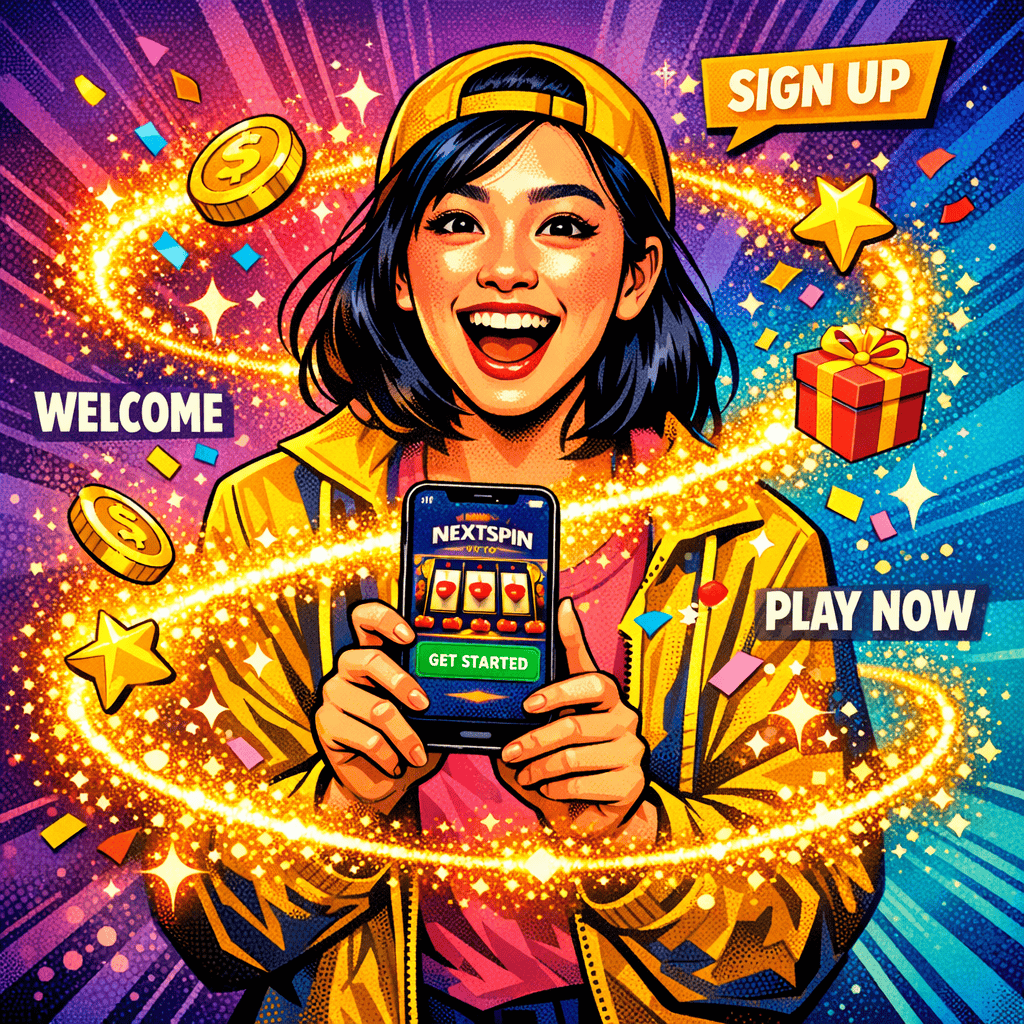 Excited young Asian woman holding smartphone showing Nextspin welcome screen, surrounded by glowing golden pathway with floating coins, stars, and celebratory effects in purple and cyan gradient background