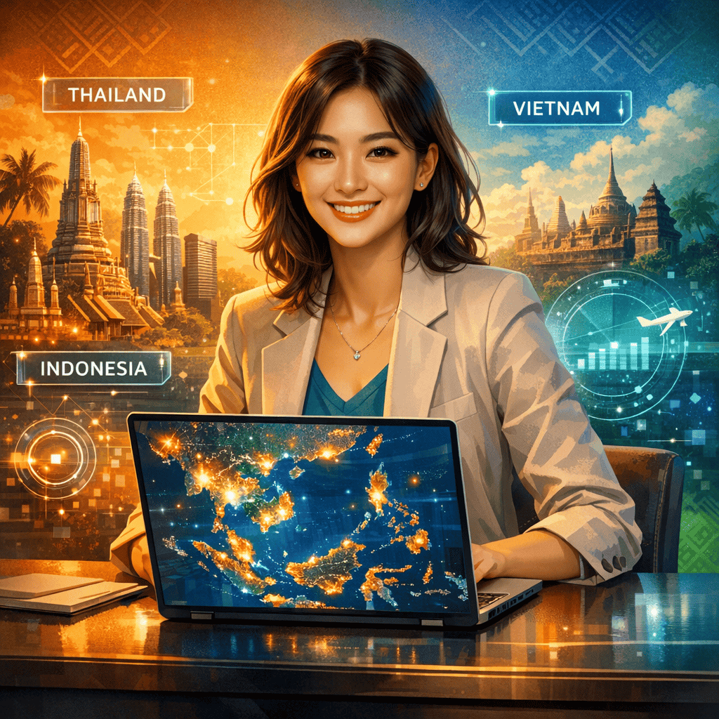 Professional Asian woman smiling at laptop showing illuminated Southeast Asia map with regional markers, surrounded by floating digital elements and cultural landmarks in warm tropical color scheme