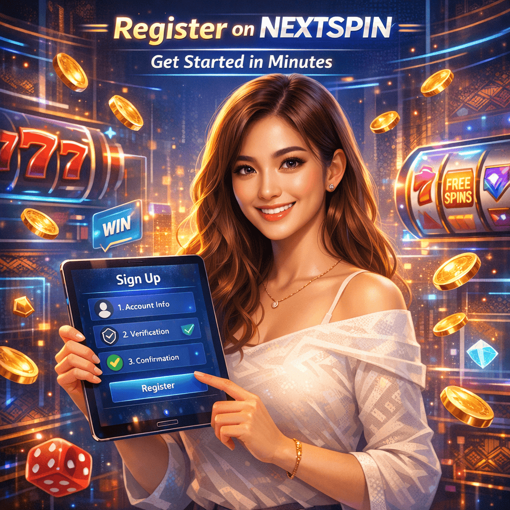 A square-format digital illustration of a friendly woman using a smartphone to register on the Nextspin platform, with a modern sign-up interface, glowing slot elements, and a futuristic, premium online casino design.
