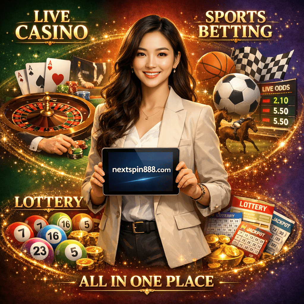 Elegant Asian woman holding tablet displaying nextspin888.com, surrounded by three gaming categories - live casino table with cards and chips, sports betting equipment with balls, and lottery numbered balls - with English labels on luxurious green and purple gradient background