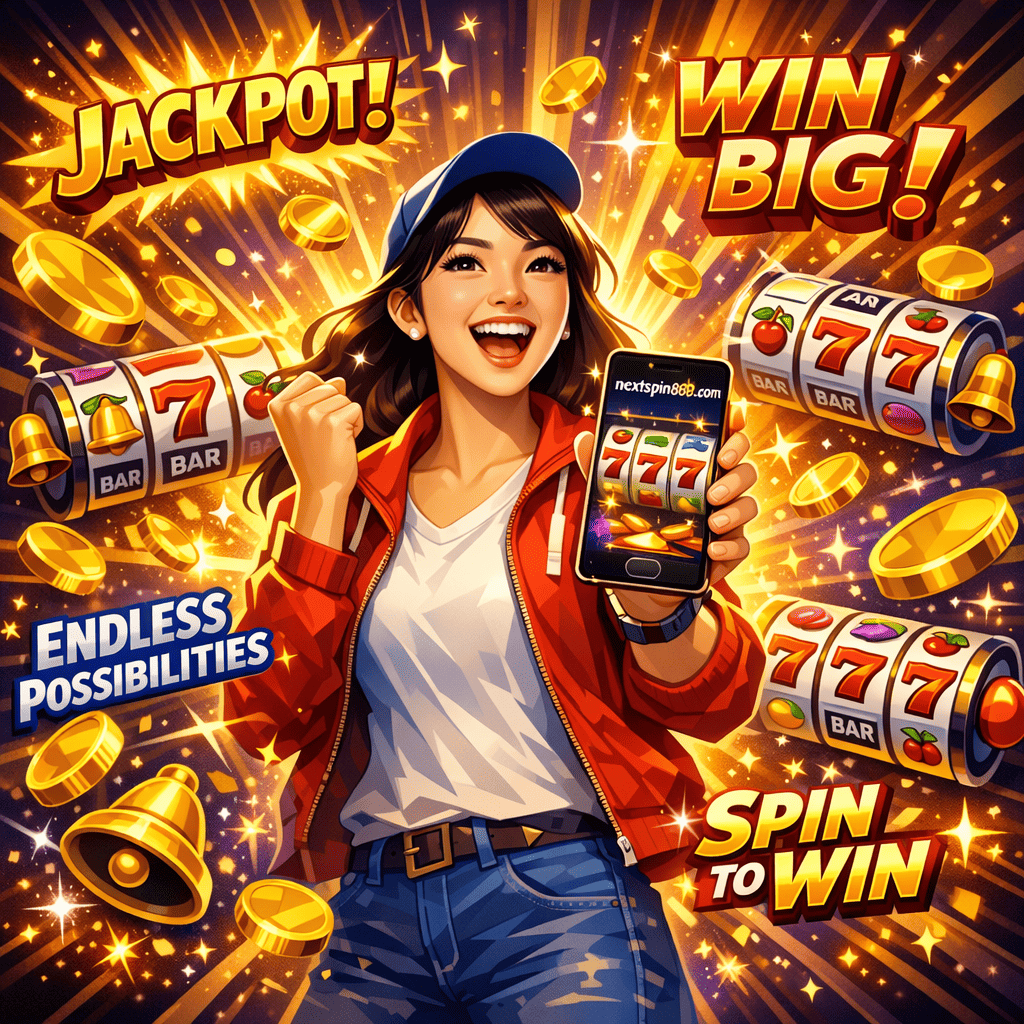 Ecstatic Asian woman holding smartphone showing nextspin888.com with spinning slot reels, surrounded by cascading golden coins, jackpot symbols, and winning text in English against dramatic golden and purple burst background
