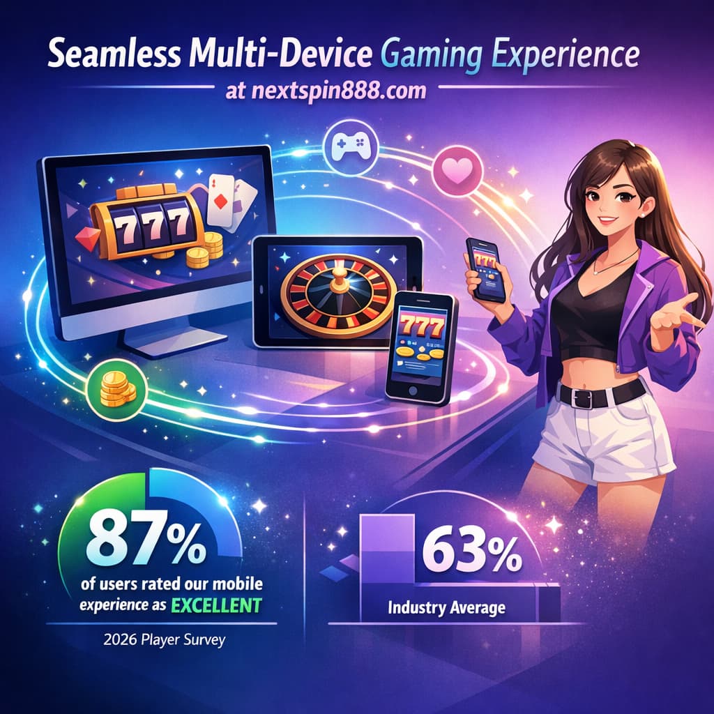 An infographic titled "Seamless Multi-Device Gaming Experience" featuring modern illustrations of desktop, tablet, and mobile devices connected by glowing lines, with a stylish girl presenter. The design prominently includes "at nextspin888.com" and highlights an "87% excellent" mobile experience rating compared to a 63% industry average.