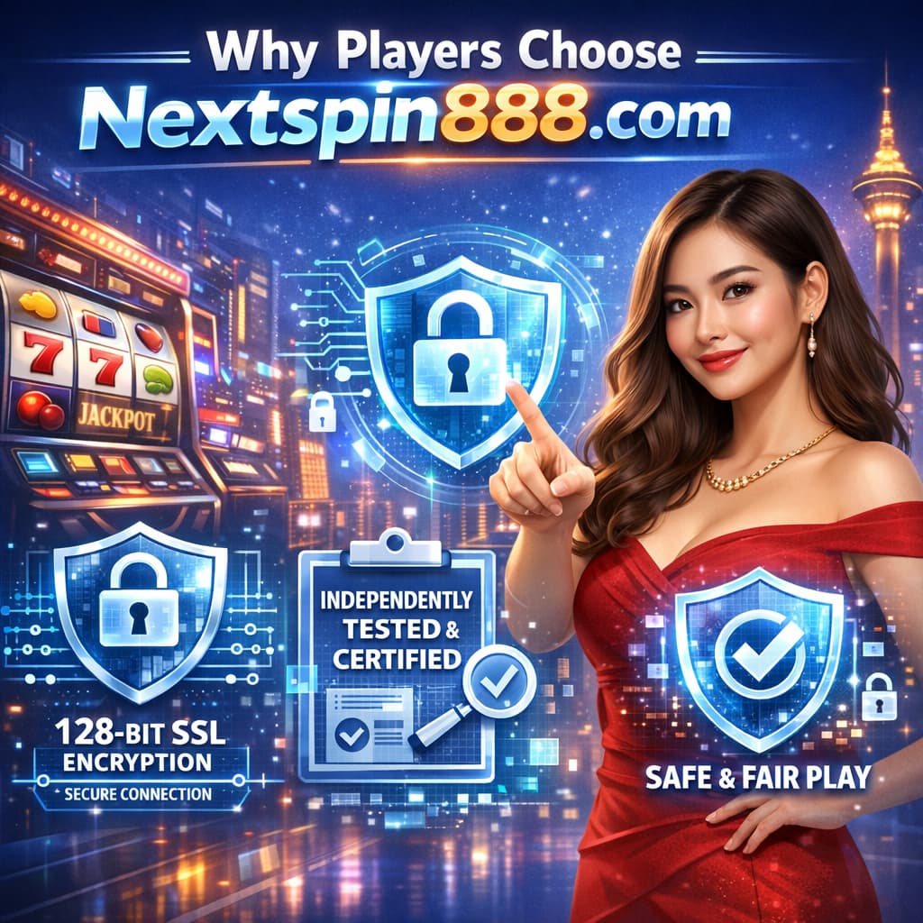 A digital illustration featuring a confident girl presenter beside a high-tech gaming platform. Security icons like padlocks and encryption symbols emphasize Nextspin888.com's commitment to a secure gaming environment, with all text in English.