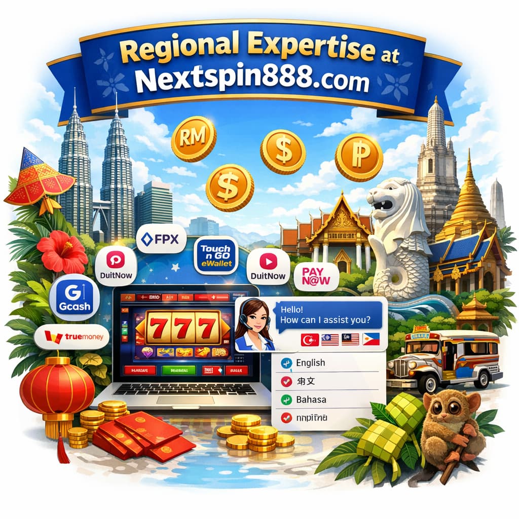A dynamic digital illustration titled "Regional Expertise at Nextspin888.com" featuring regional cultural elements alongside modern digital symbols, local currency icons, preferred Southeast Asian payment methods, and a multi-lingual customer support interface, all emphasizing a tailored gaming experience.