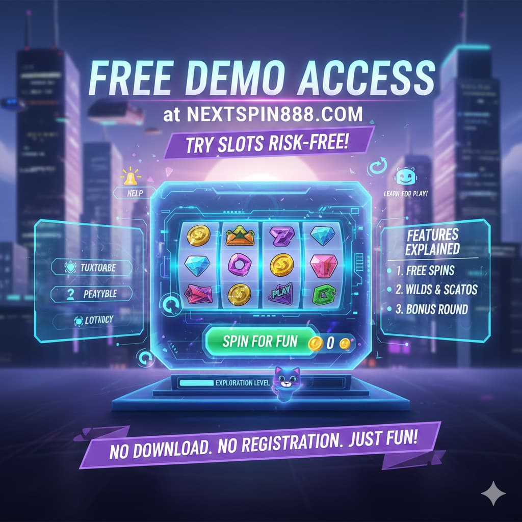 A futuristic digital illustration titled "Free Demo Access at Nextspin888.com" featuring an interactive game interface with digital overlays and tutorial icons, inviting users to try risk-free demo slots without wagering real money.