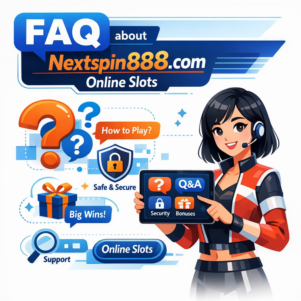 A modern, infographic-style illustration titled "FAQ about Nextspin888.com Online Slots" featuring interactive icons and dialogue bubbles, with a stylish girl presenter holding a digital tablet displaying FAQ elements and clear English text.