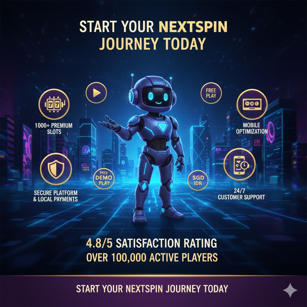 A dynamic infographic illustration titled "Start Your Nextspin Journey Today" featuring a sleek casino background, digital mascot, and icons for premium slots, free demos, secure payments, mobile play, and 24/7 support, with bold text highlighting a 4.8/5 rating from over 100,000 players.